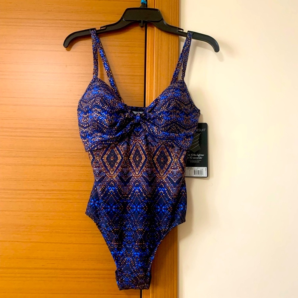 Miraclesuit Blue swimsuit with Geometric Pattern and V-Neck